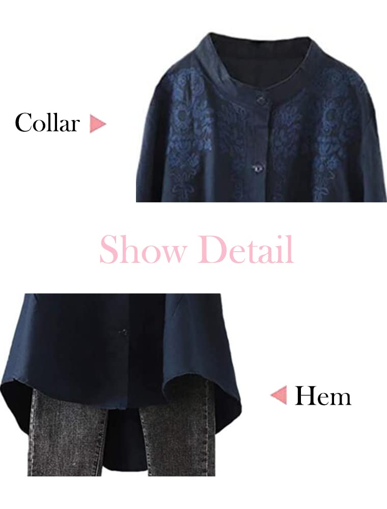 Minibee Women's Cotton Linen Shirt High Low Button Down Embroidered Blouse Long Sleeve Tunic Tops - Image 2
